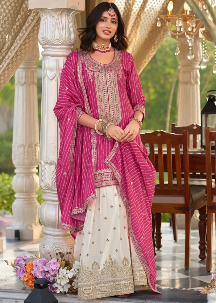 Embroidered Magenta Chiffon Gharara Suit