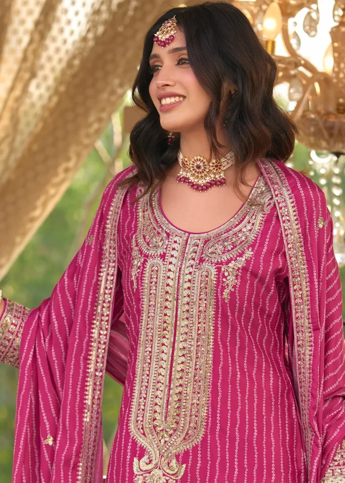 Embroidered Magenta Chiffon Gharara Suit