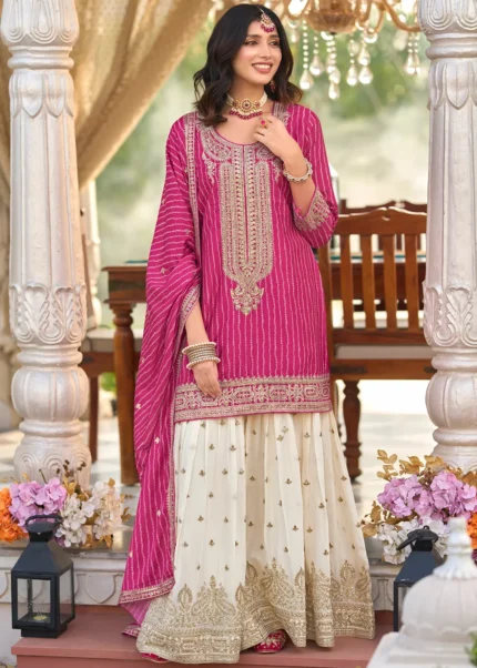 Embroidered Magenta Chiffon Gharara Suit