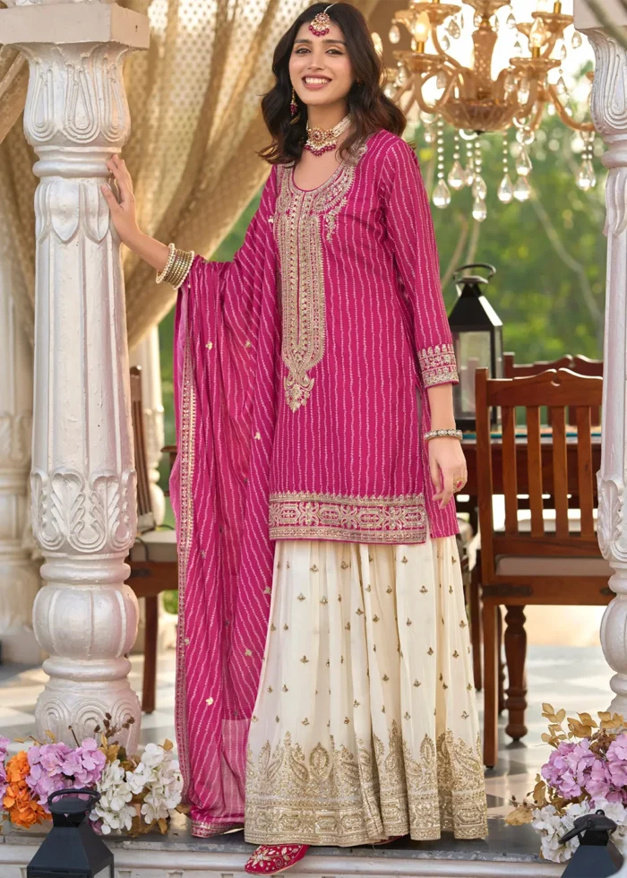 Embroidered Magenta Chiffon Gharara Suit