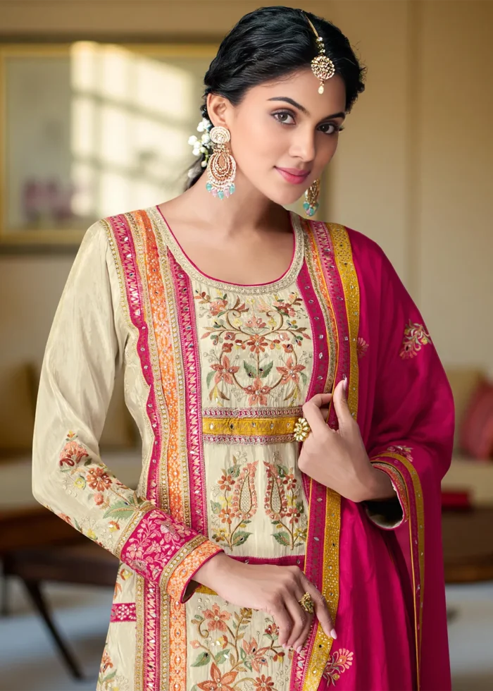 Embroidered Raspberry Pink and Cream Chiffon Palazzo Suit