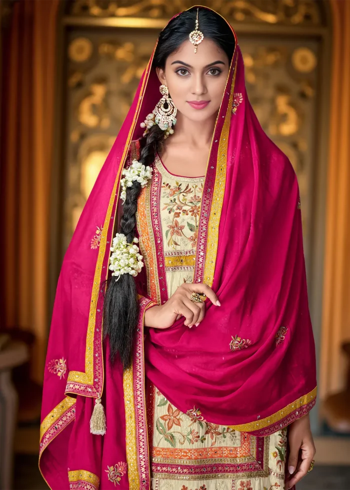 Embroidered Raspberry Pink and Cream Chiffon Palazzo Suit