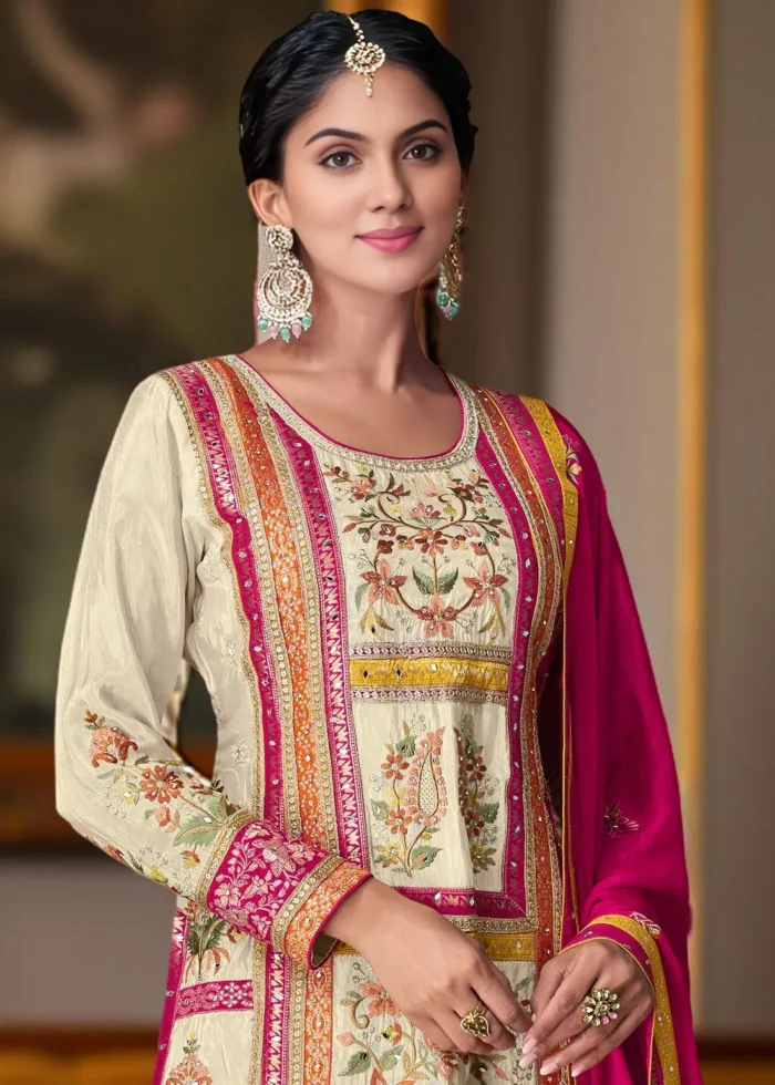 Embroidered Raspberry Pink and Cream Chiffon Palazzo Suit