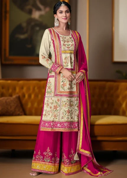 Embroidered Raspberry Pink and Cream Chiffon Palazzo Suit