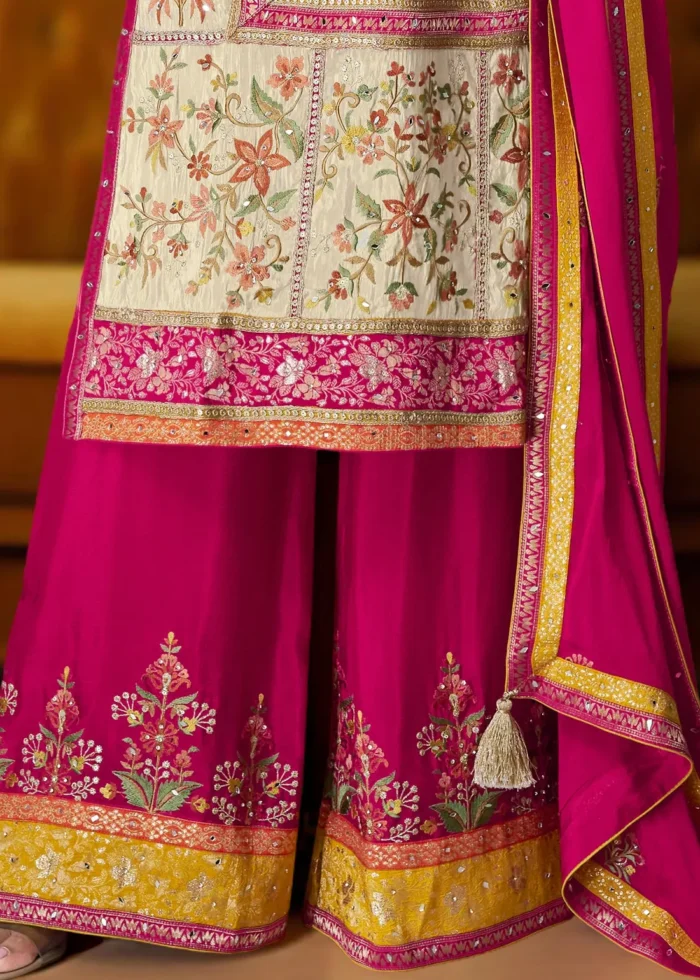 Embroidered Raspberry Pink and Cream Chiffon Palazzo Suit