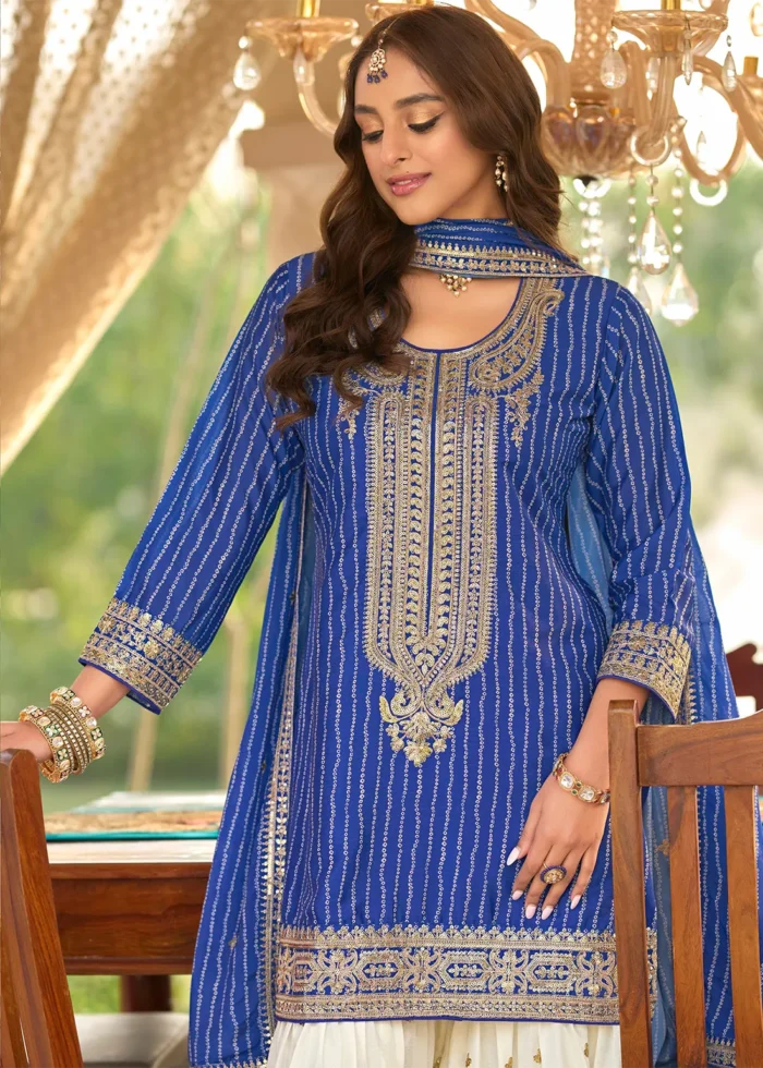 Embroidered Royal Blue Chiffon Gharara Suit