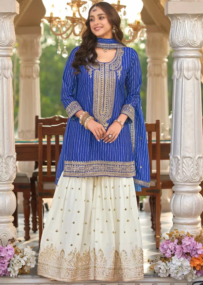 Embroidered Royal Blue Chiffon Gharara Suit
