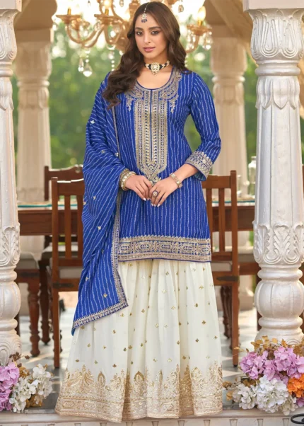 Embroidered Royal Blue Chiffon Gharara Suit