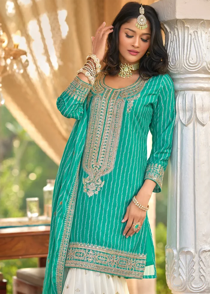 Embroidered Teal Chiffon Gharara Suit