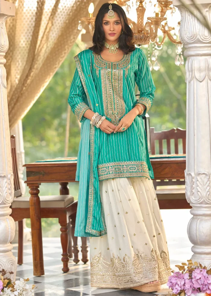 Embroidered Teal Chiffon Gharara Suit