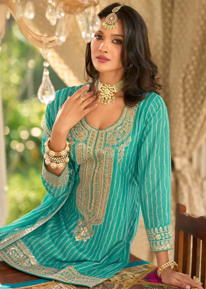 Embroidered Teal Chiffon Gharara Suit