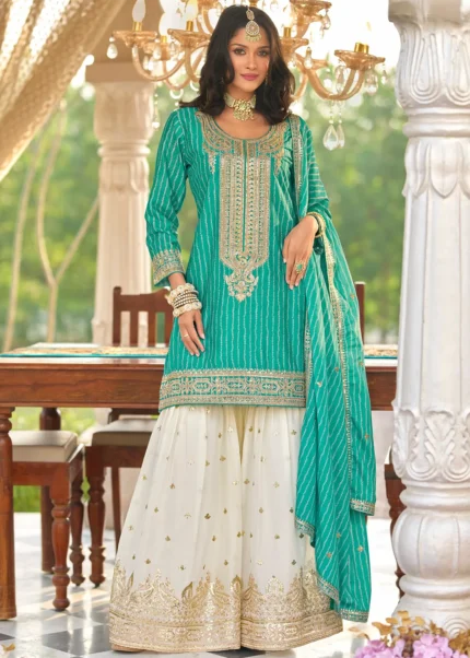 Embroidered Teal Chiffon Gharara Suit