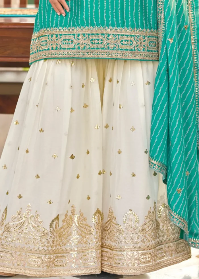 Embroidered Teal Chiffon Gharara Suit