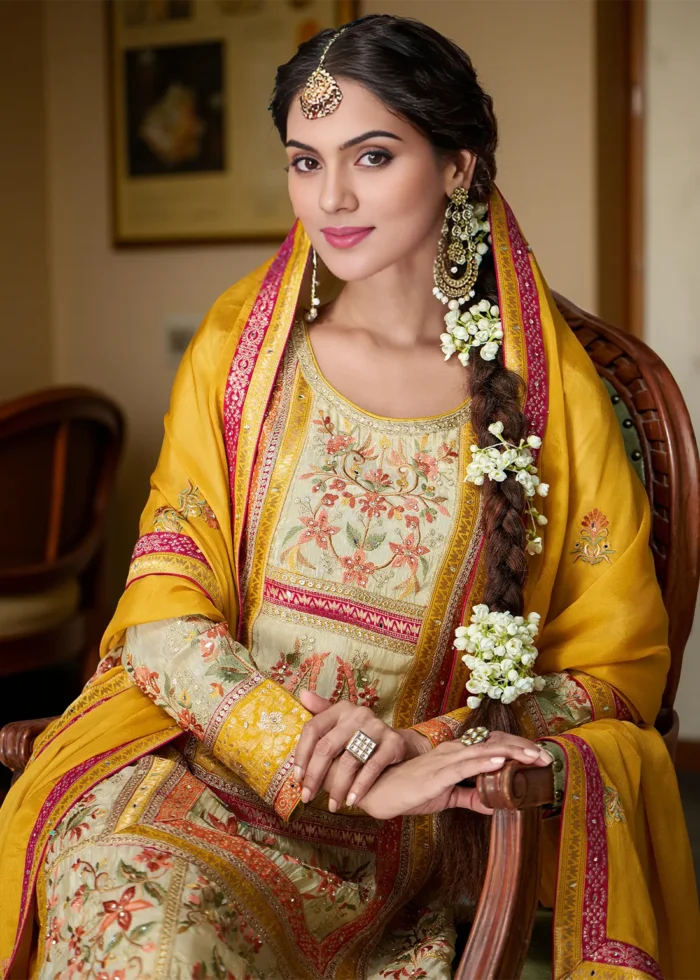 Embroidered Yellow and Cream Chiffon Palazzo Suit