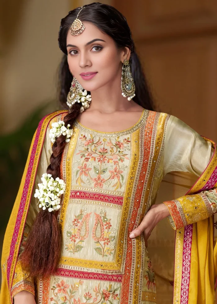 Embroidered Yellow and Cream Chiffon Palazzo Suit