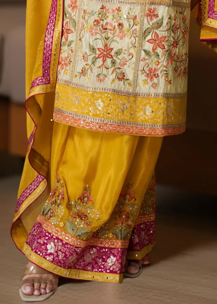 Embroidered Yellow and Cream Chiffon Palazzo Suit