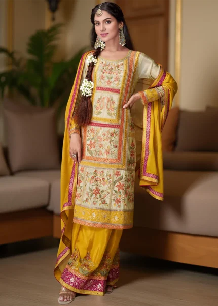 Embroidered Yellow and Cream Chiffon Palazzo Suit
