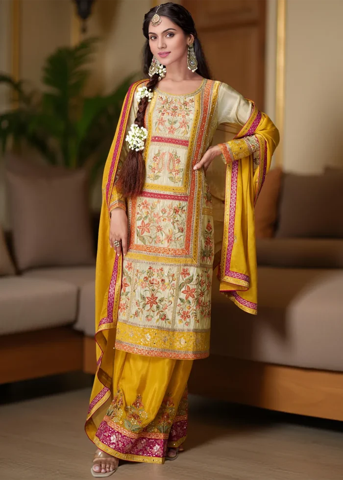 Embroidered Yellow and Cream Chiffon Palazzo Suit