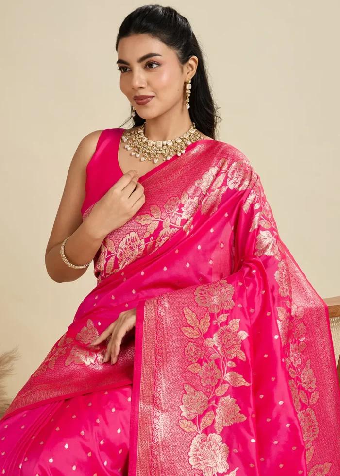 Fuchsia Banarasi Silk Saree with Golden Zari Floral Weaving