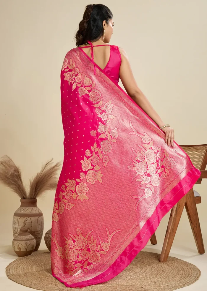 Fuchsia Banarasi Silk Saree with Golden Zari Floral Weaving