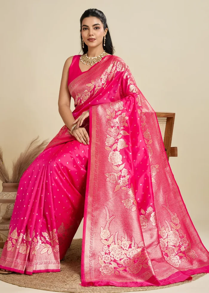 Fuchsia Banarasi Silk Saree with Golden Zari Floral Weaving