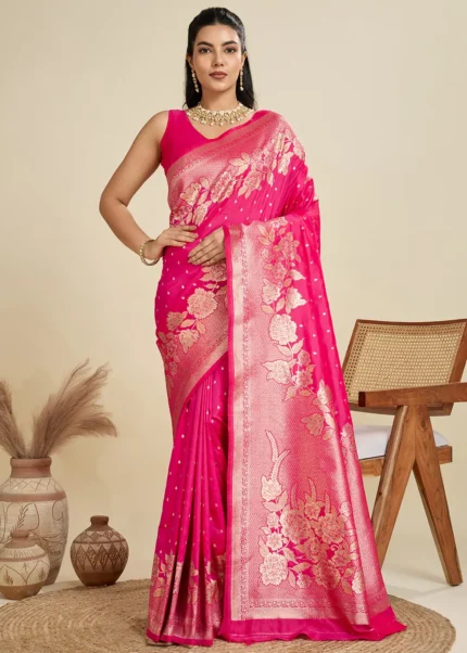 Fuchsia Banarasi Silk Saree with Golden Zari Floral Weaving