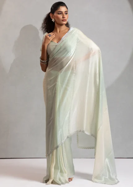 Green and Cream Organza Saree with Stone Work
