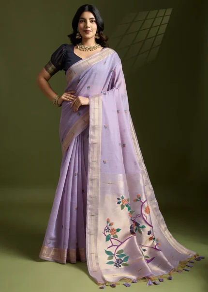 Lavender Muga Cotton Paithani Saree with Navy Blue Blouse