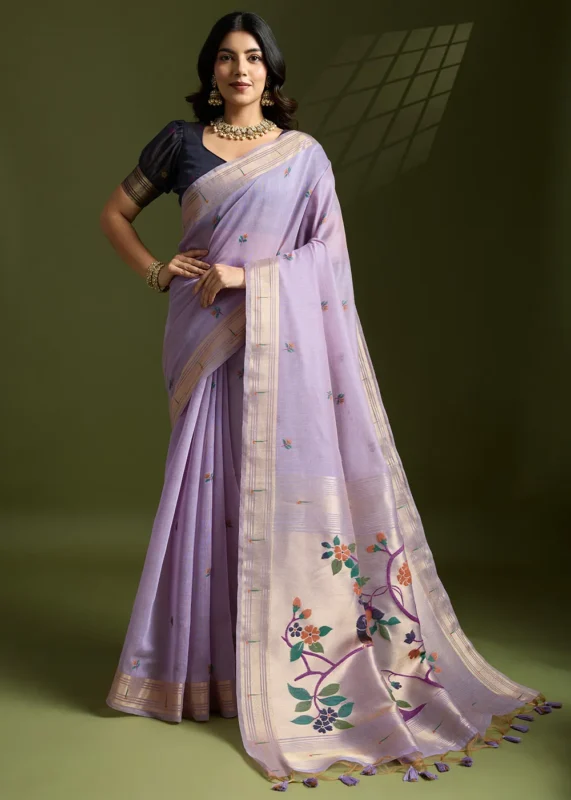 Lavender Muga Cotton Paithani Saree with Navy Blue Blouse
