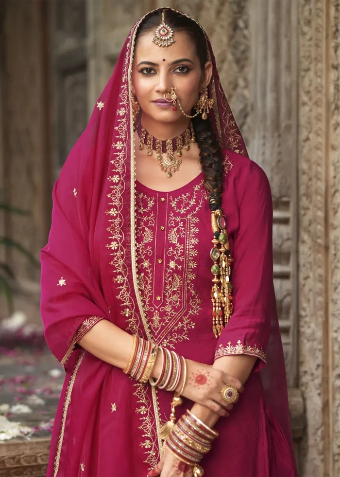 Magenta Silk Patiala Suit with Embroidery Work