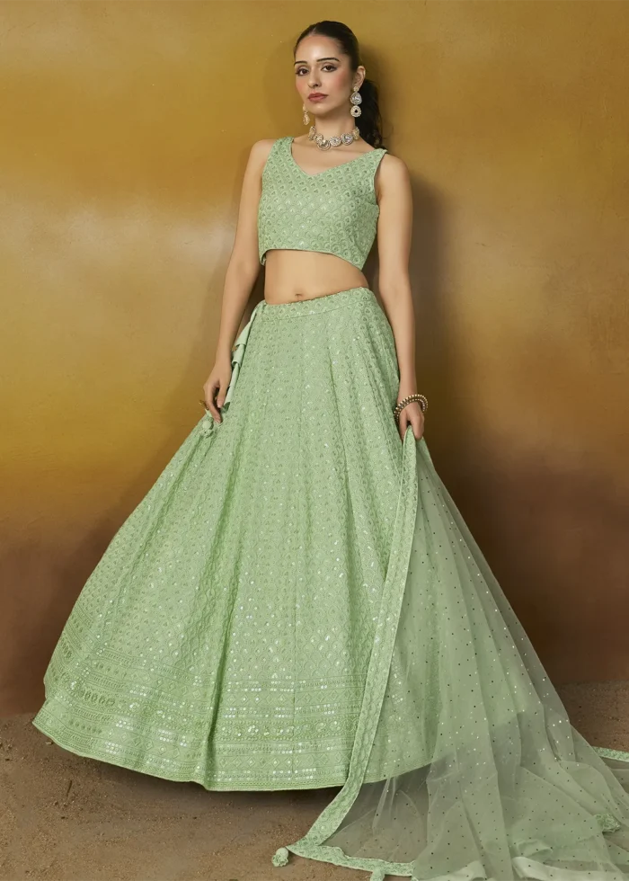 Mint Green Georgette Lehenga with Sequins Embroidery