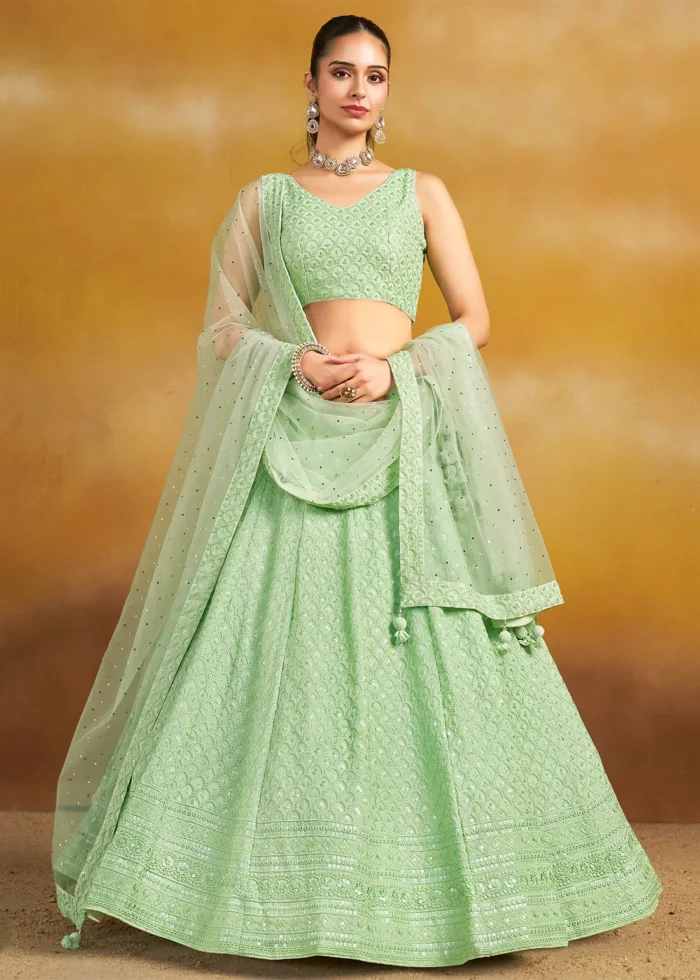 Mint Green Georgette Lehenga with Sequins Embroidery