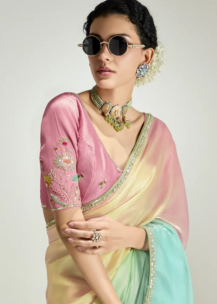 Multicolor Cream Embroidered Organza Saree