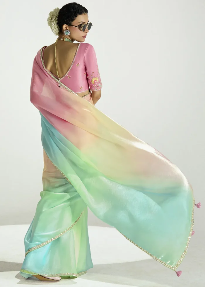Multicolor Cream Embroidered Organza Saree