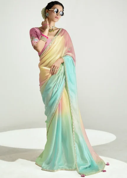 Multicolor Cream Embroidered Organza Saree