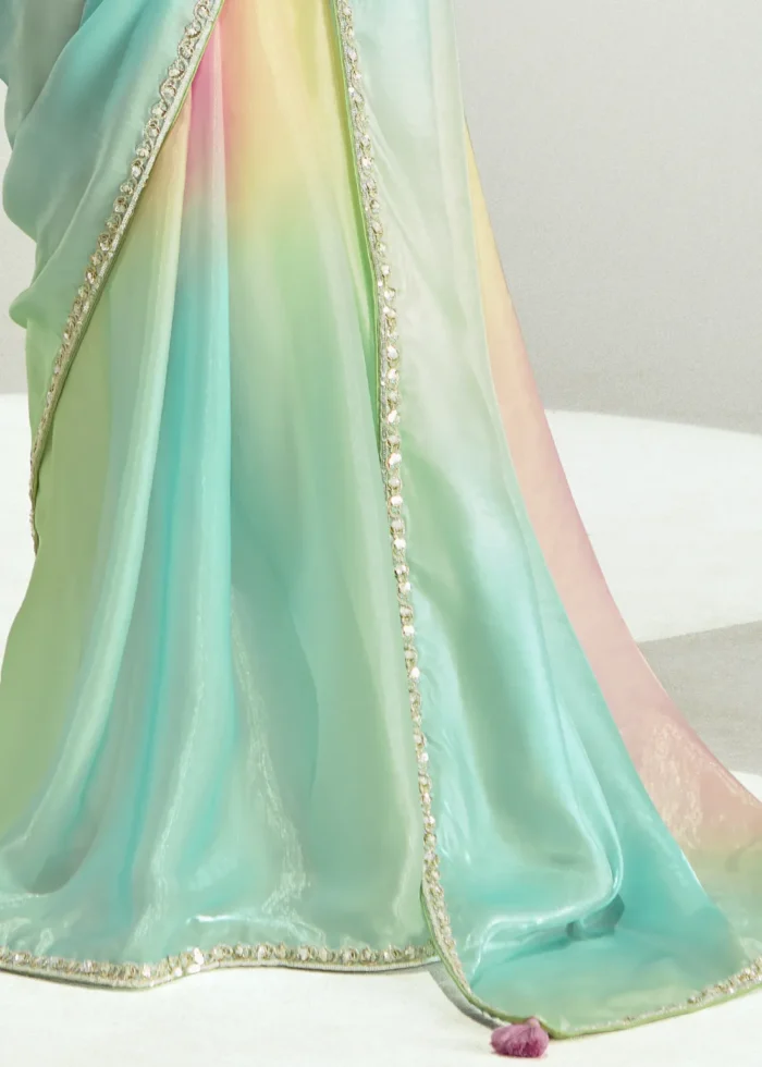 Multicolor Cream Embroidered Organza Saree
