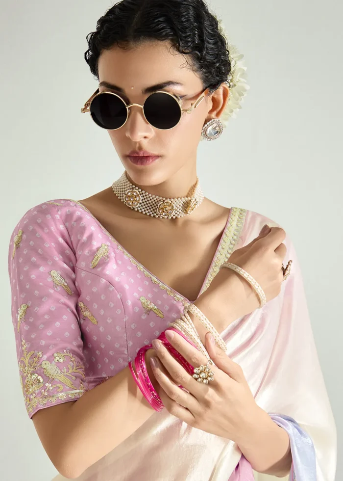 Multicolor White Embroidered Organza Saree