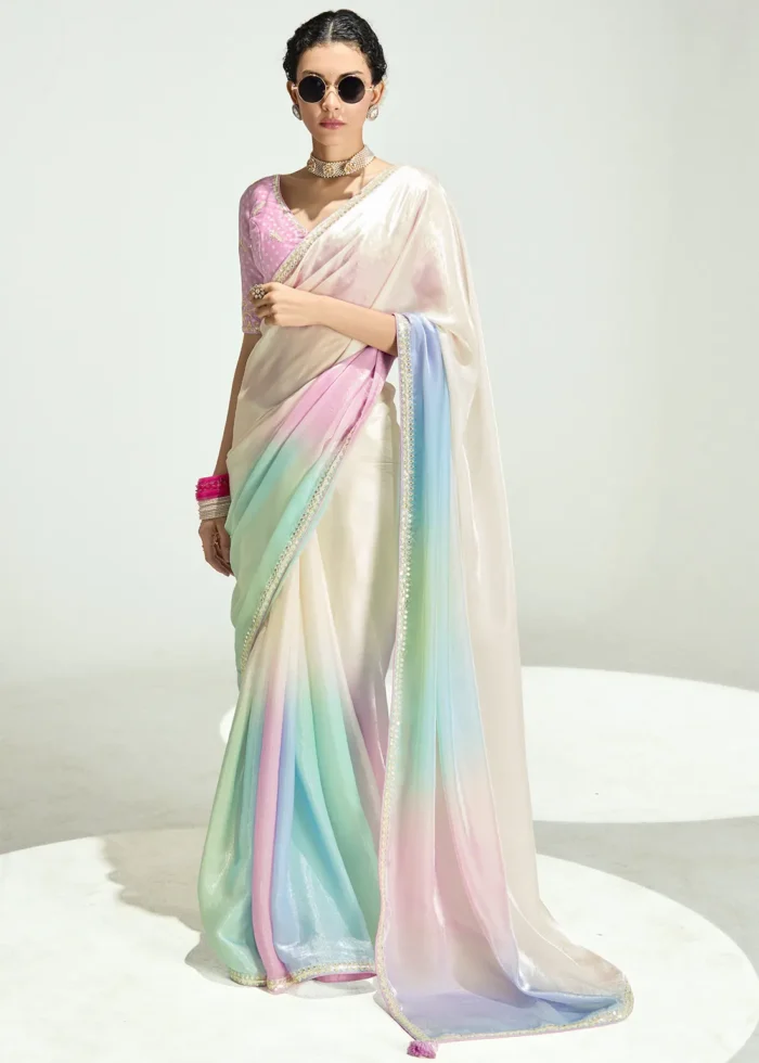Multicolor White Embroidered Organza Saree
