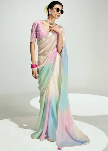 Multicolor White Embroidered Organza Saree