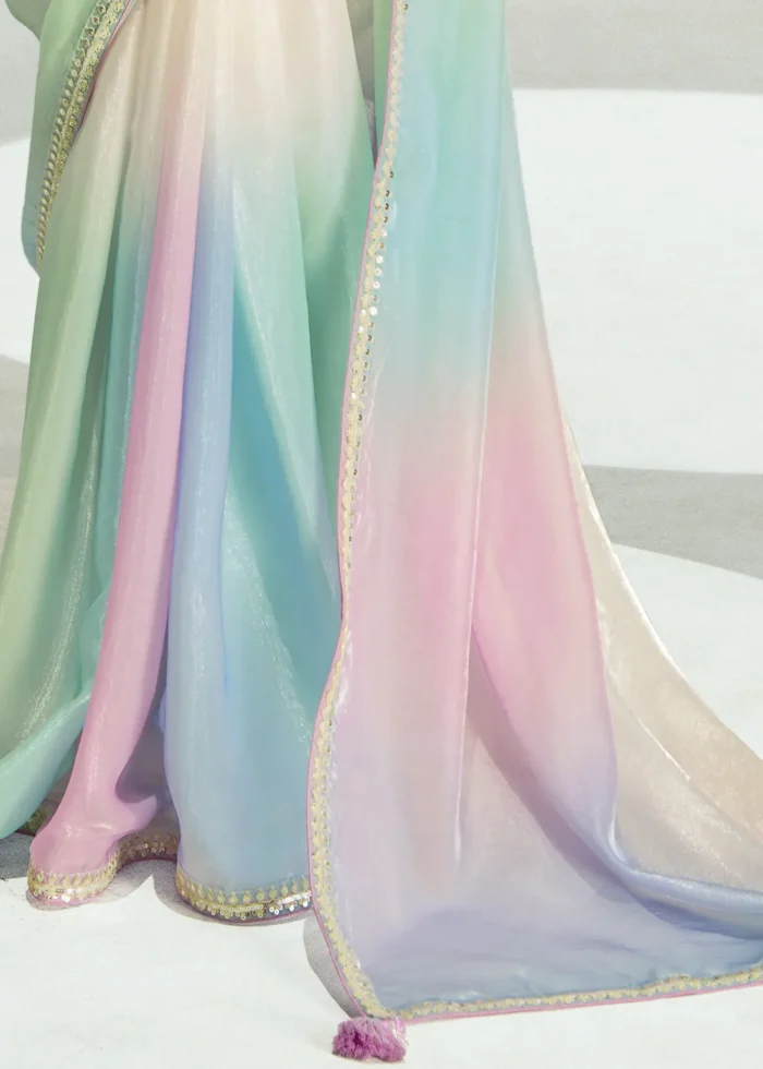 Multicolor White Embroidered Organza Saree