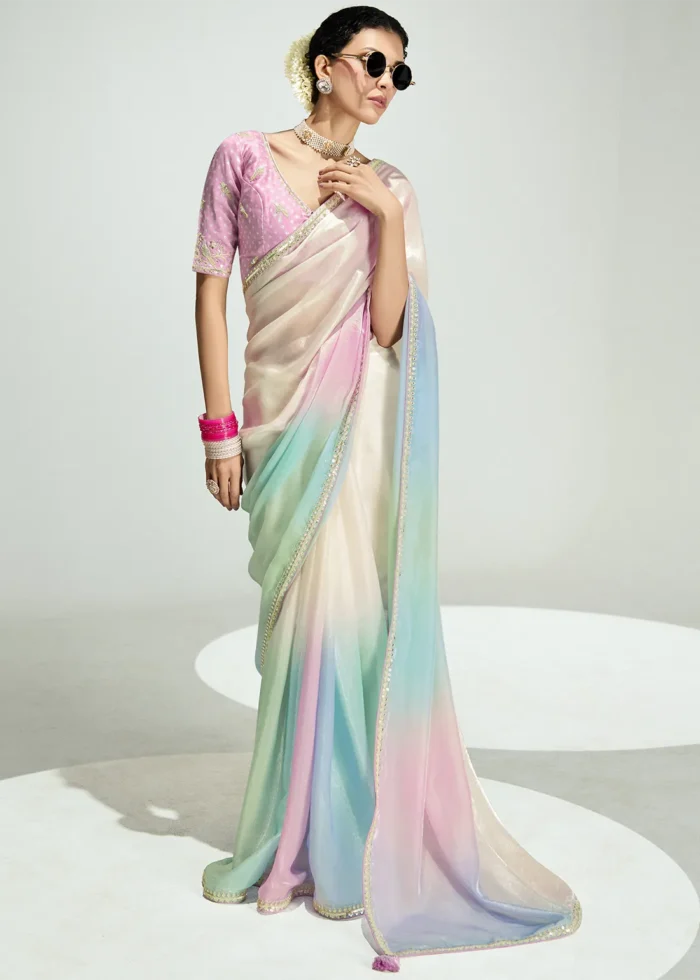 Multicolor White Embroidered Organza Saree