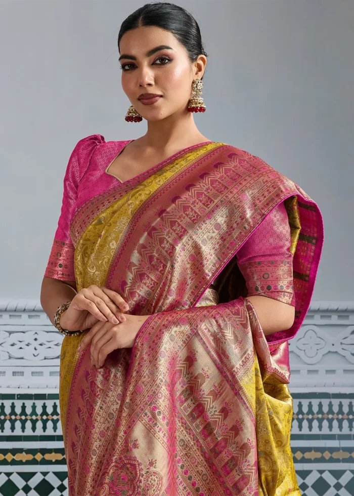 Mustard Yellow & Pink Kanjivaram Silk Saree