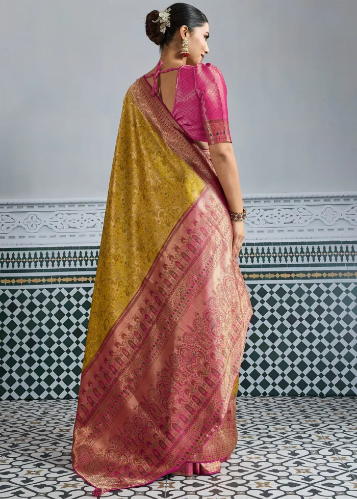 Mustard Yellow & Pink Kanjivaram Silk Saree