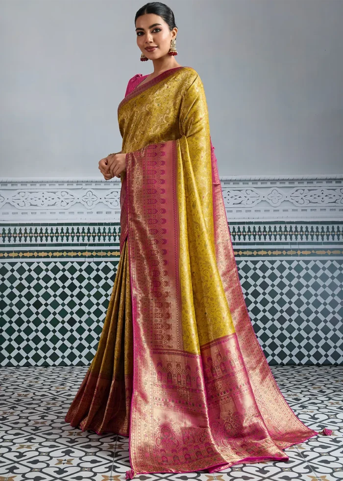 Mustard Yellow & Pink Kanjivaram Silk Saree