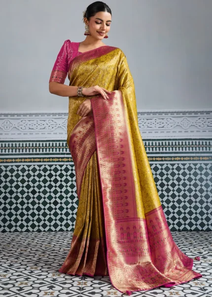 Mustard Yellow & Pink Kanjivaram Silk Saree