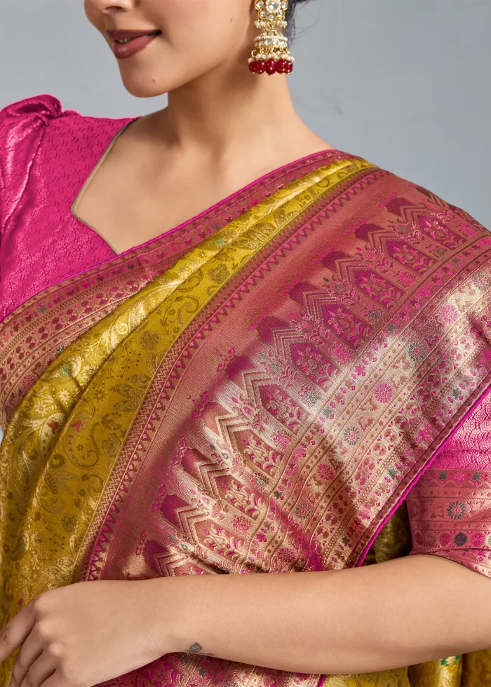 Mustard Yellow & Pink Kanjivaram Silk Saree