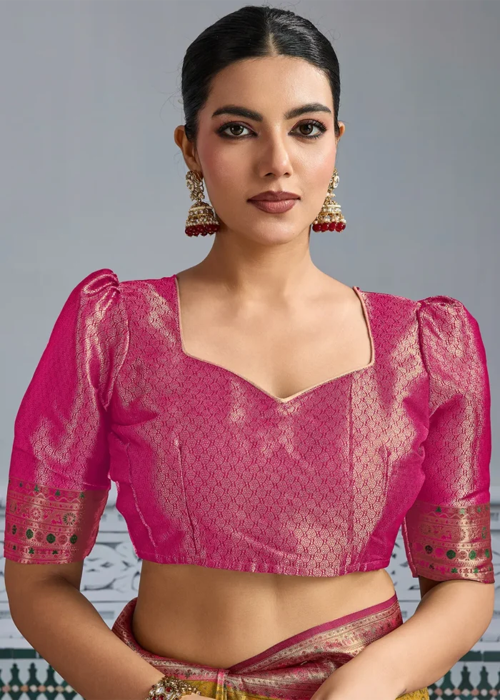 Mustard Yellow & Pink Kanjivaram Silk Saree