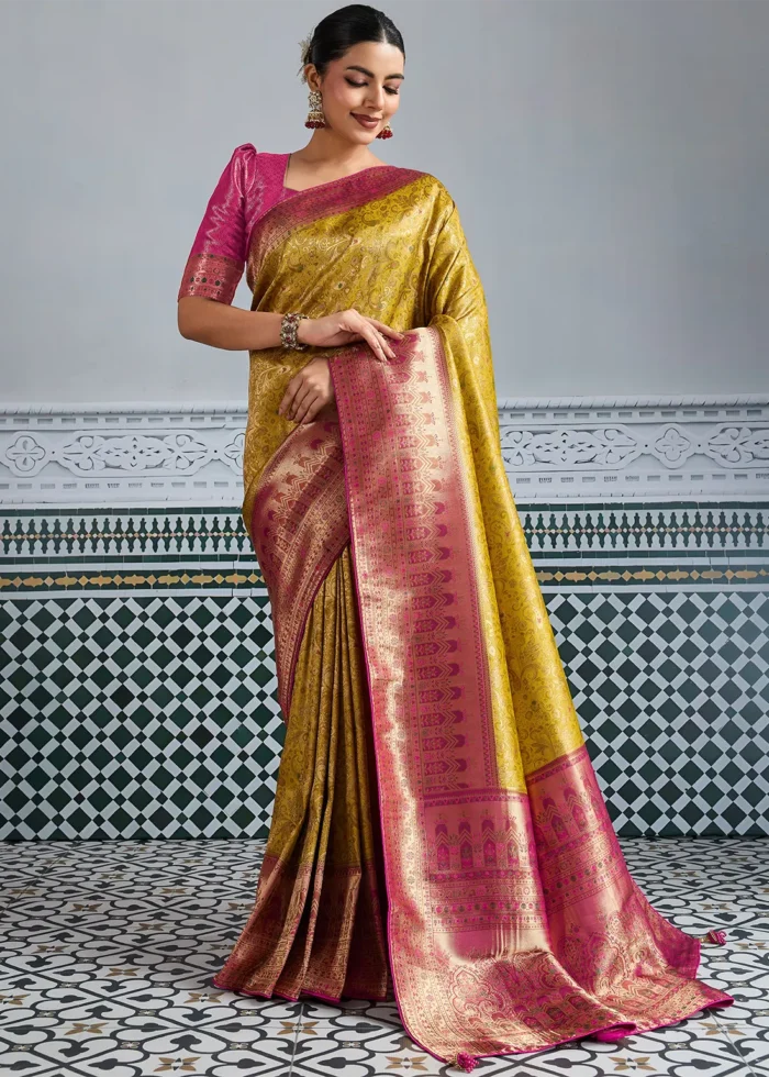 Mustard Yellow & Pink Kanjivaram Silk Saree