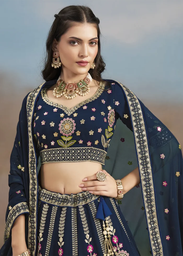 Navy Blue Georgette Embroidered Lehenga Choli