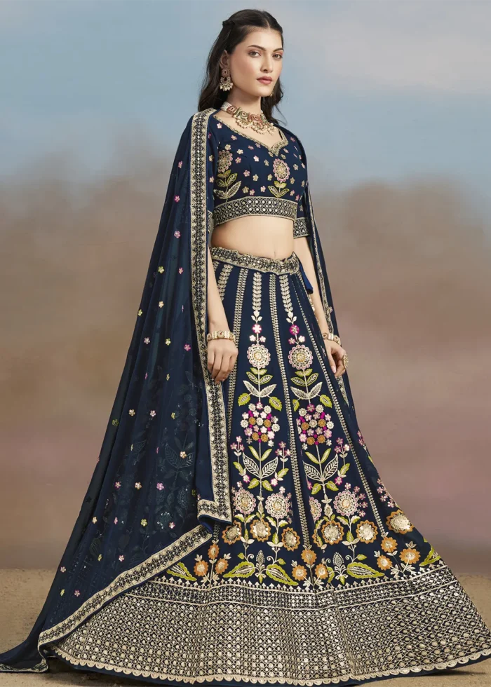 Navy Blue Georgette Embroidered Lehenga Choli